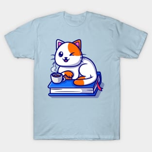 Cute Cat Sitting On Book Cartoon T-Shirt